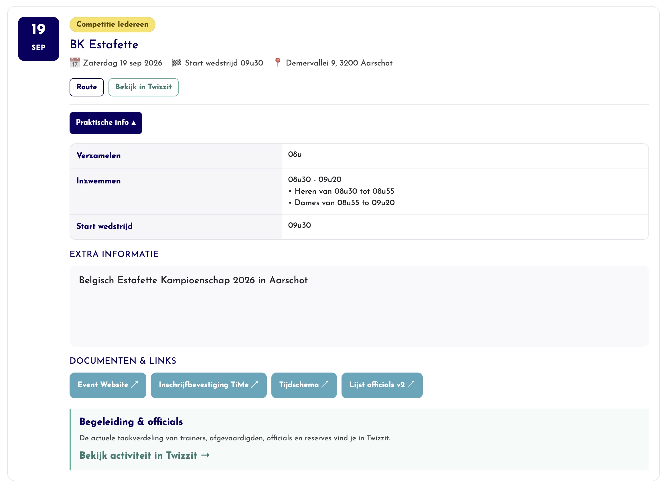 Voorbeeld van praktische wedstrijdinformatie na login