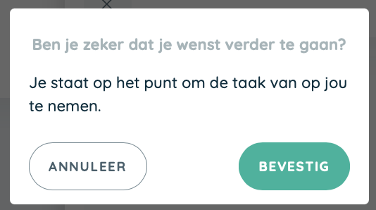 Bevestigingspopup bij het overnemen van een Twizzit-taak